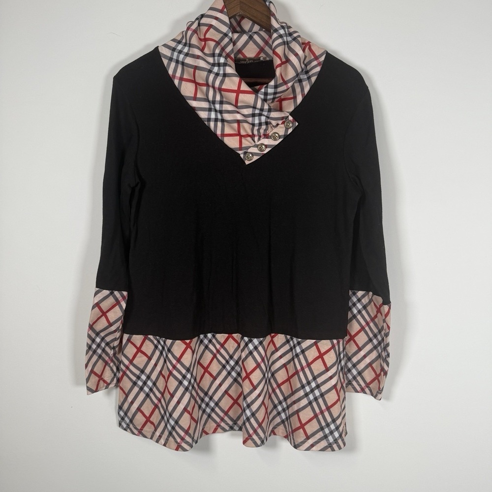 Miusey Tunic Top Plaid Print Cowl Neck Long Sleeve Casual Blouse Medium‎